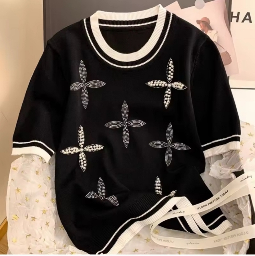 Black Short Sleeve Top with Rhinestone Floral Design